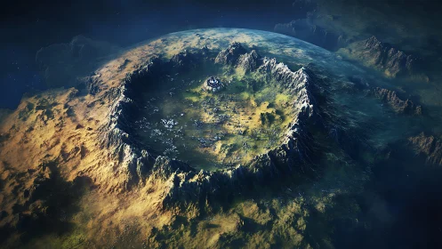 Vast crater worldscape with isolated central outpost.