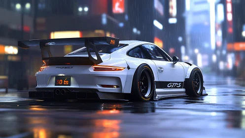 Widebody track car is parked on wet city street at night