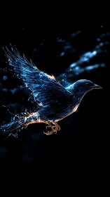 Luminous neon bird bursts from darkness in electric motion