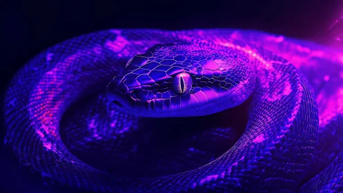 Neon purple snake coiled in glowing ultraviolet light.
