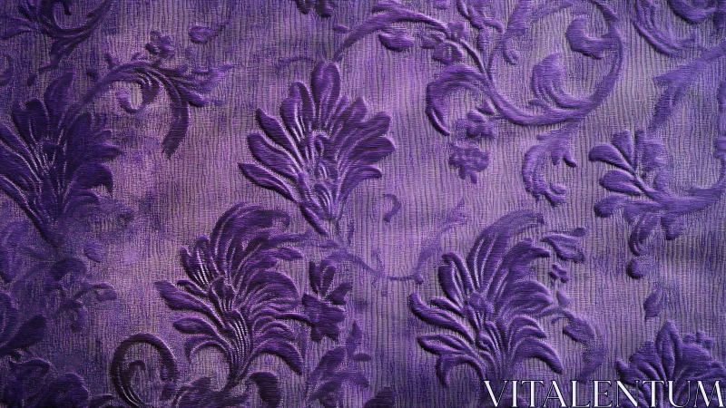 Ornate purple damask fabric with raised botanical relief pattern.