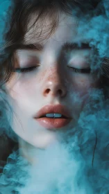 Young woman’s freckled face framed by dense blue smoke