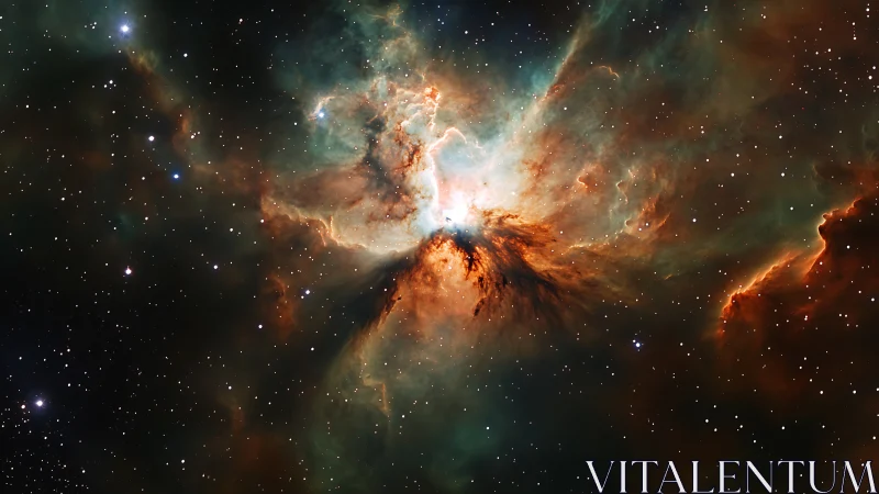 Celestial firestorm unfolds in a swirling star nursery sky.