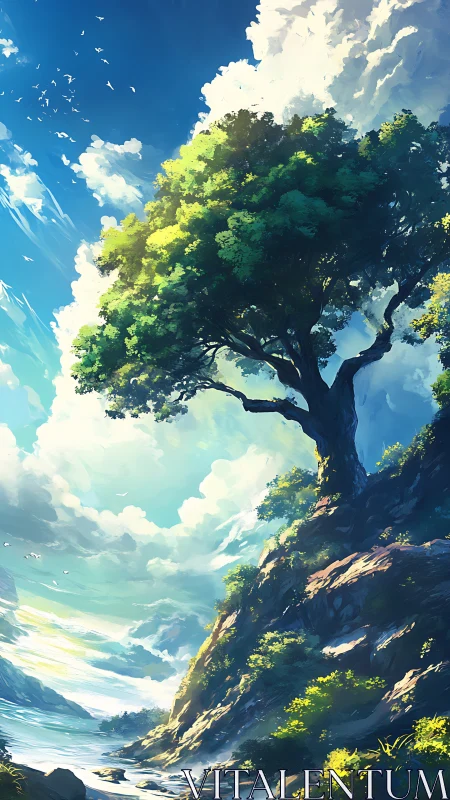 Sky-drunk cliff tree leans into clouds and summer light