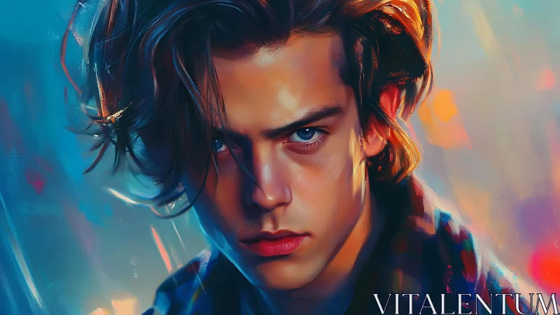 Chromatic portrait of intense youth with layered brushlight focus.