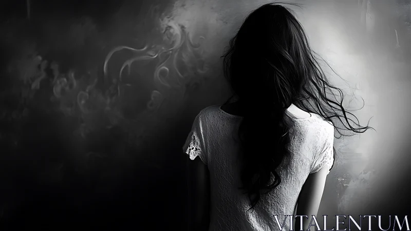 Quiet silhouette of a thoughtful girl in soft grayscale light.