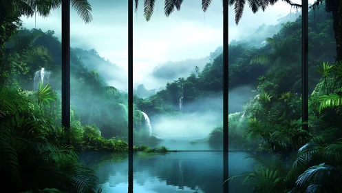 Glass panels reveal misty rainforest lake and waterfalls.