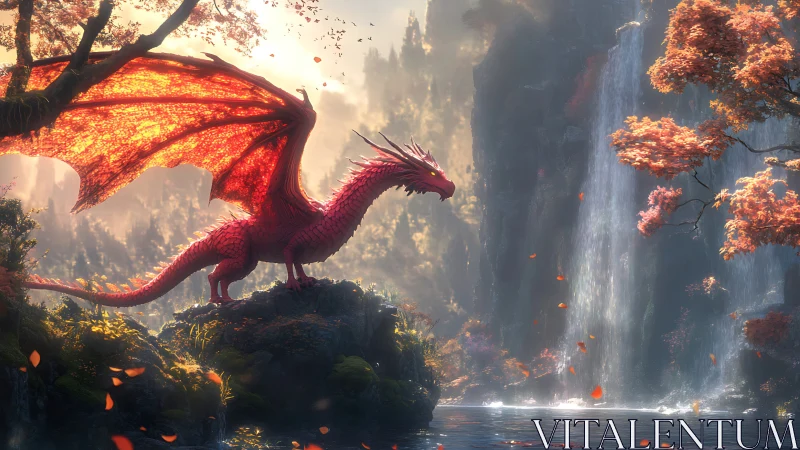 Red dragon on rocky ledge beside forest waterfall at dusk.