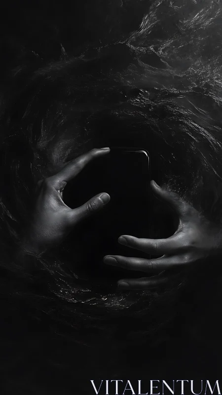 Hands holding smartphone amid dark swirling liquid field.