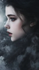 Side profile portrait merges ethereal female face with mist