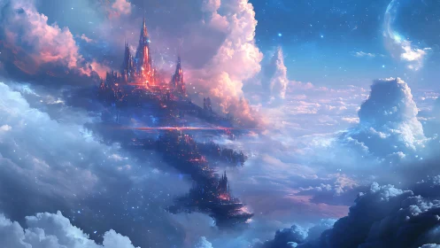 Starlit sky kingdom drifting gently through cotton clouds.