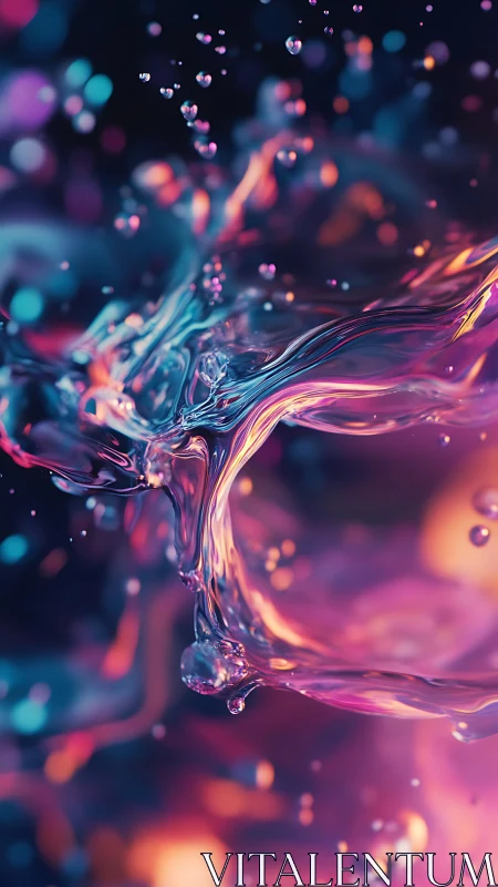 Iridescent liquid vortex amid neon bokeh droplets in motion.