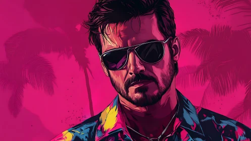 Neon-soaked retro portrait of man in reflective shades.