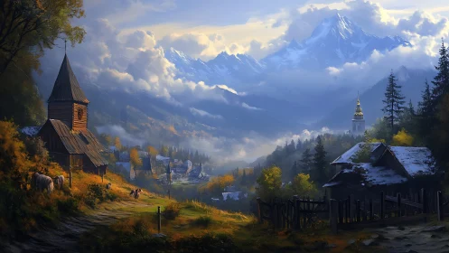 Mountain valley village with churches under dramatic clouds