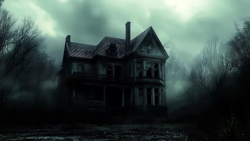 Derelict Victorian mansion in dense ground fog under storm clouds