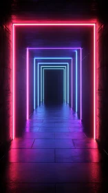 Neon tunnel corridor with glowing geometric light frames.
