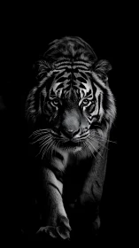 Stalking tiger emerges from deep black background in monochrome