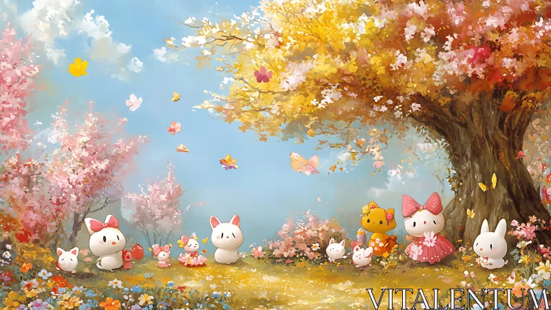 Springtime chibi critters under chromatic deciduous canopy.