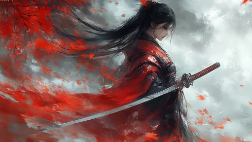 Sword-wielding woman in red kimono stands amid swirling leaves