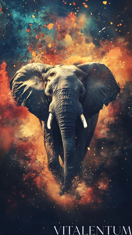 Elephant emerging through abstract clouds of color and dust.