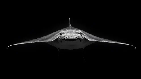 Black and white manta ray closeup against dark background.