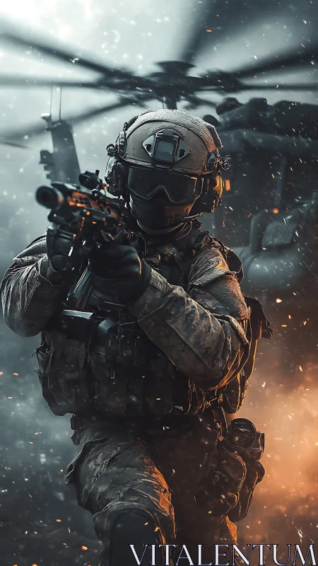 Tactical soldier advances under rotor wash and embers.