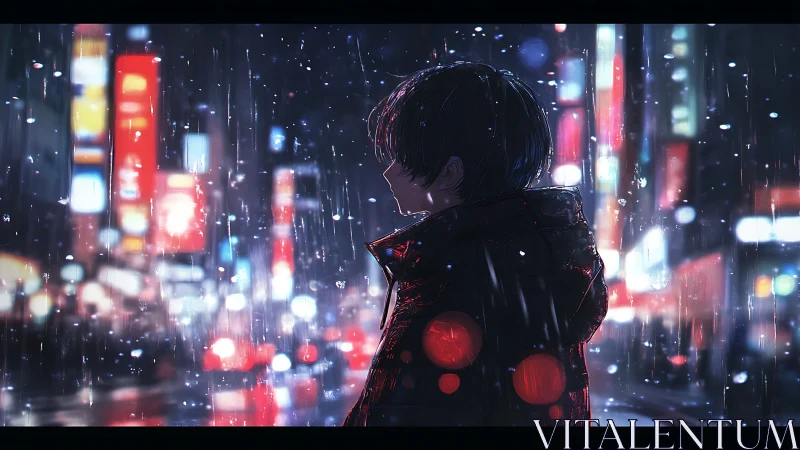 Quiet night stroll in neon city rain, softly glowing streets.