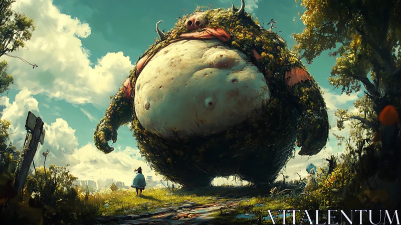 Colossal moss-covered creature confronting small figures.