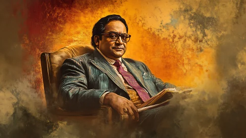 Seated man in suit holding open book against warm backdrop.