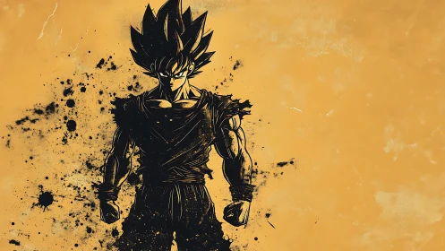 Stylized ink warrior silhouette on textured ochre field.