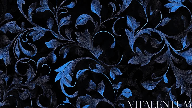 Blue ornamental foliage pattern covers dark textured background