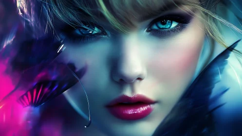 Dreamy blue-eyed muse wrapped in vivid neon whispers.