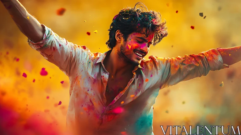 Joyful young man celebrates Holi in a burst of vivid color