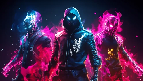 Neon hooded fire warriors in glowing cyber inferno lineup.