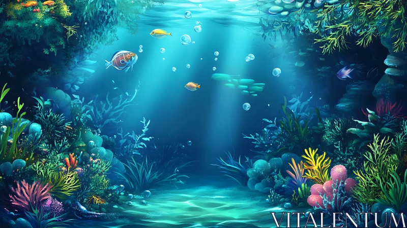 Sunlit coral kingdom where playful reef fish wander.