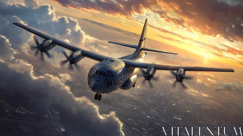 Military transport aircraft flies through dense sunset clouds
