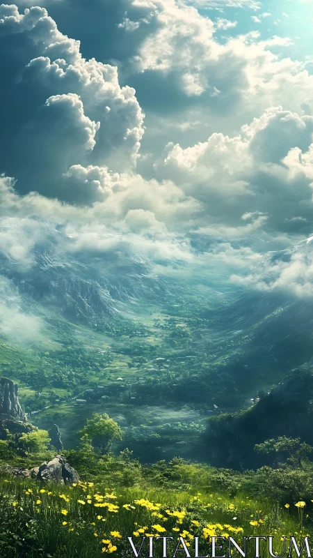 Sunlit alpine valley under towering stormlit clouds.