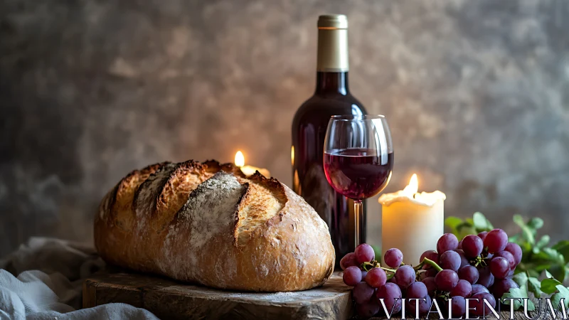 Loaf of bread with red wine, grapes and candles on table.