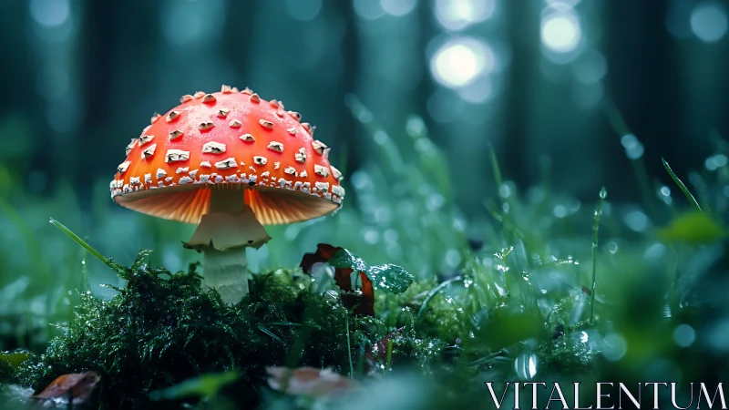 Fly agaric mushroom glows softly in dewy forest floor