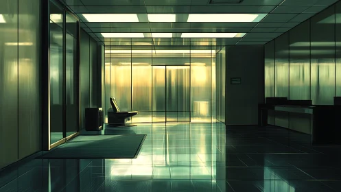 Modern glass-walled office lobby with reflective flooring.