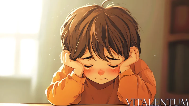 Melancholic child portrait rendered in warm digital painting