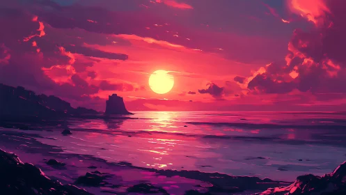 Crimson tides cradle the sinking sun in electric silence