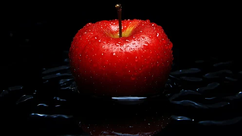 High-contrast macro of wet red apple floating on dark water