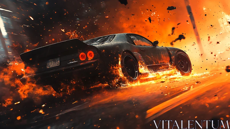 Sports car in high-speed motion through intense street fire.