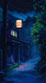 Neon-lit alleyway rests under a tranquil midnight sky
