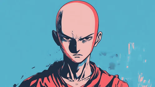 Bald anime character portrait on flat blue background.