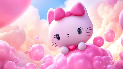 Stylized white cat figure positioned in glossy pink clouds