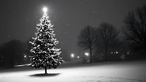 Snow-laden illuminated fir tree anchors high-contrast winter park