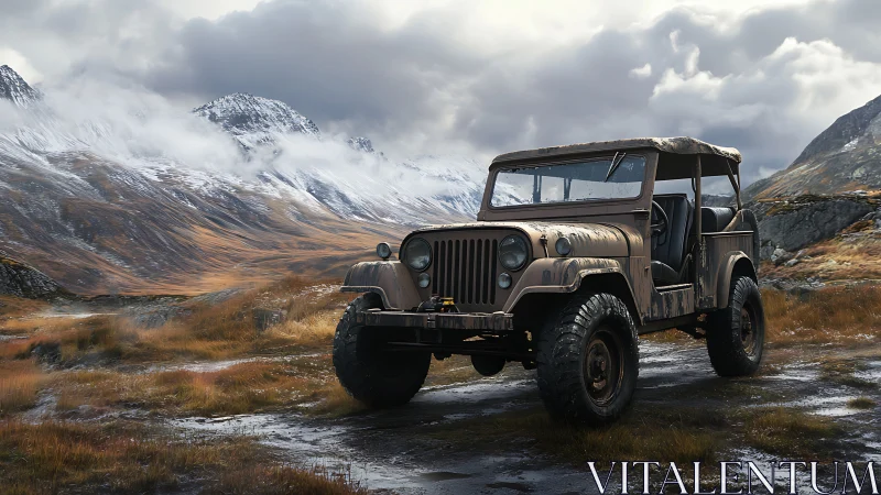 Weathered off-road jeep stands in misty alpine valley