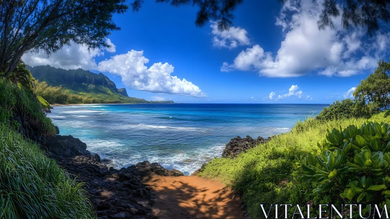 Hawaiian Coastal Landscape: Volcanic Cliffs, Turquoise Waters, Tropical Vegetation